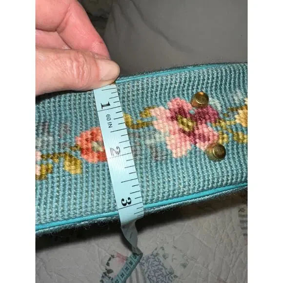 SHOWPIECE! NEVER USED VINTAGE 50's TEAL NEEDLEPOINT & PETITPOINT LEATHER BAG - Picture 10 of 14